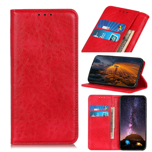 Red magnetic flip leather phone case with textured finish and camera cutout