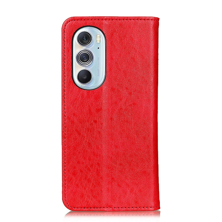 Red magnetic flip leather phone case with visible camera cutout and textured grain