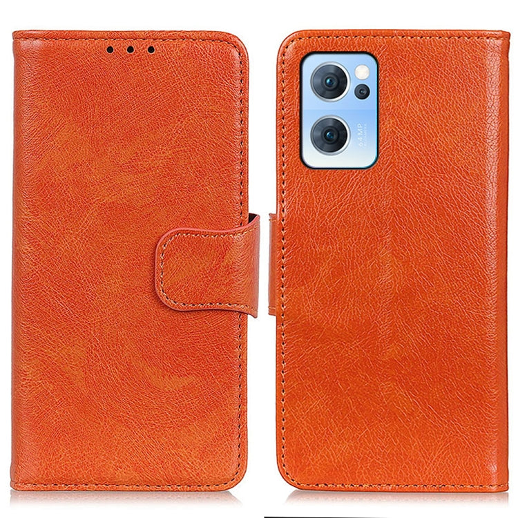 Orange leather flip phone case with side card holder and cutout camera opening