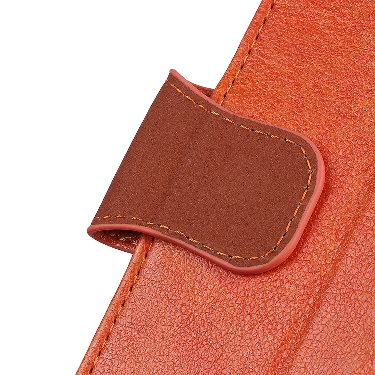 Close-up of orange leather flip phone case magnetic strap and edge stitching