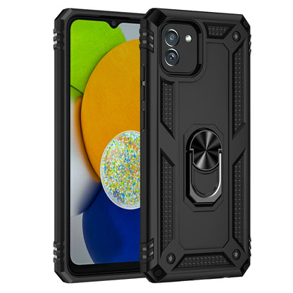 Rugged black phone case with metal ring kickstand and textured grip sides