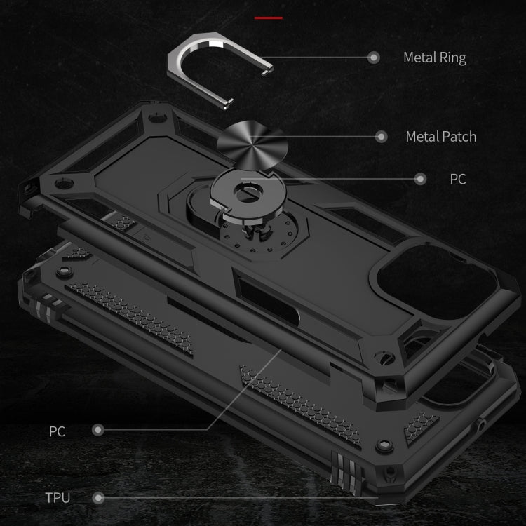 Rugged black TPU PC phone case with metal ring stand detail