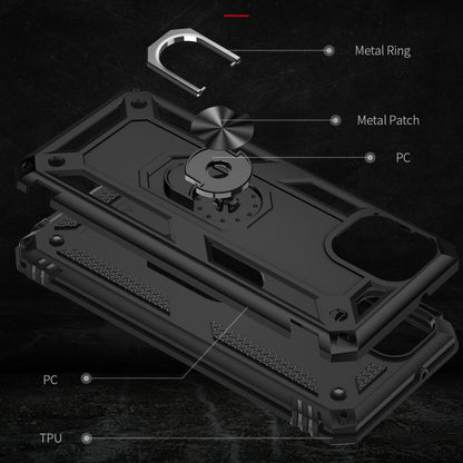 Rugged black TPU PC phone case with metal ring stand detail