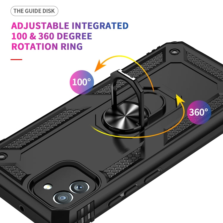 Rugged black phone case featuring adjustable metal ring kickstand