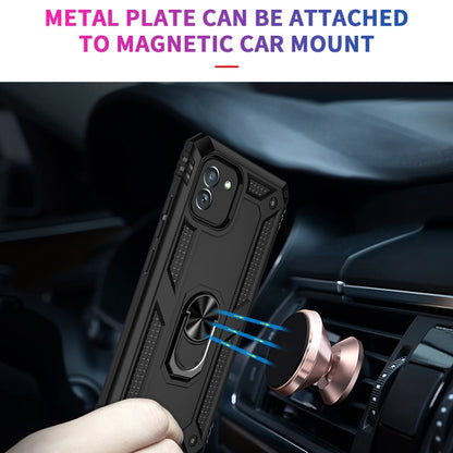 Rugged black phone case with metal plate for magnetic car mount and ring kickstand