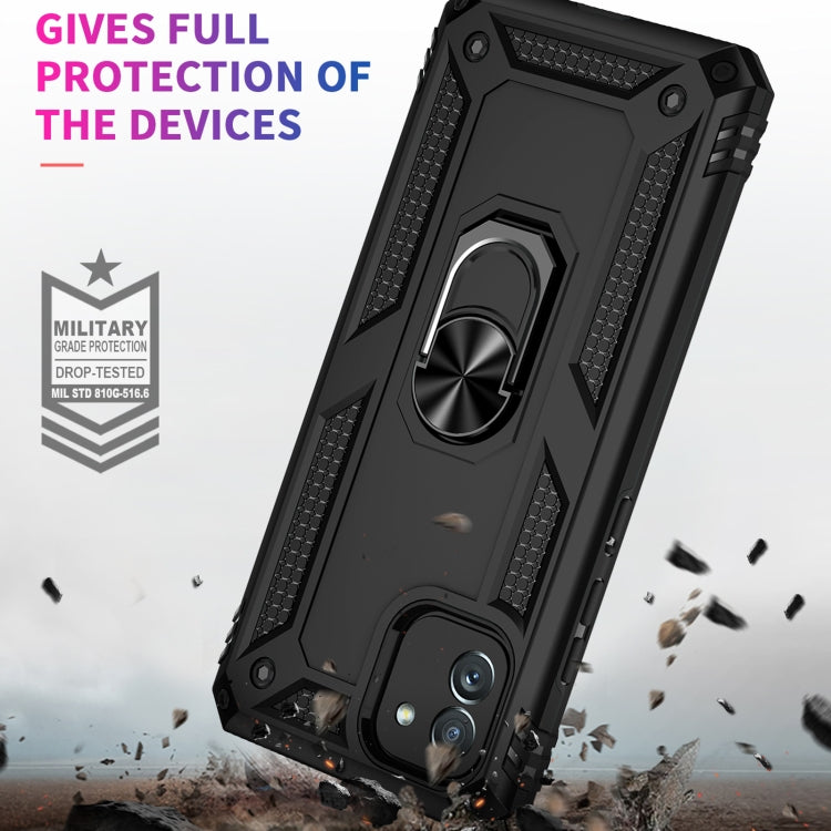 Rugged black phone case with metal ring kickstand and drop-protection frame