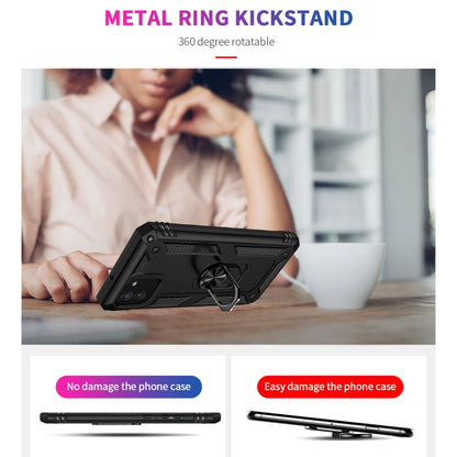 Rugged black phone case with rotating metal ring kickstand for tabletop viewing