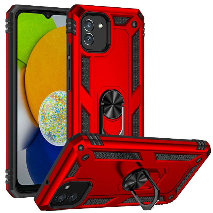 Rugged red phone case with metal ring kickstand and dual-layer shock protection