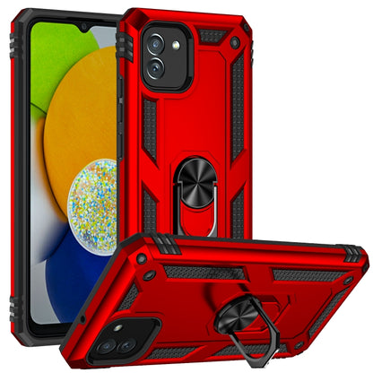 Rugged red phone case with metal ring kickstand and dual-layer shock protection