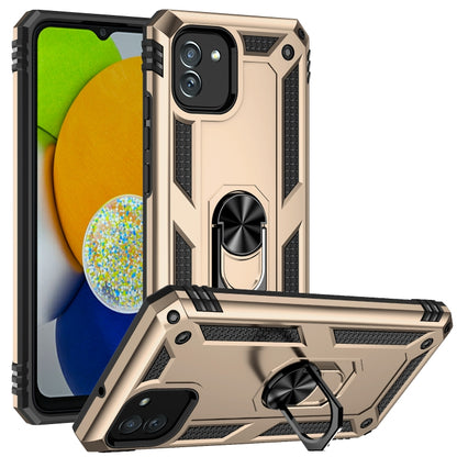 Gold rugged shockproof phone case with raised screen edge and ring stand