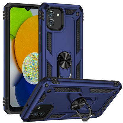 Blue rugged shockproof phone case with raised corners and camera cutout