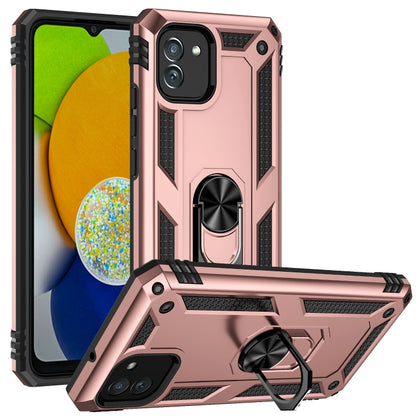 Rose gold rugged shockproof phone case with raised screen lip and ring stand