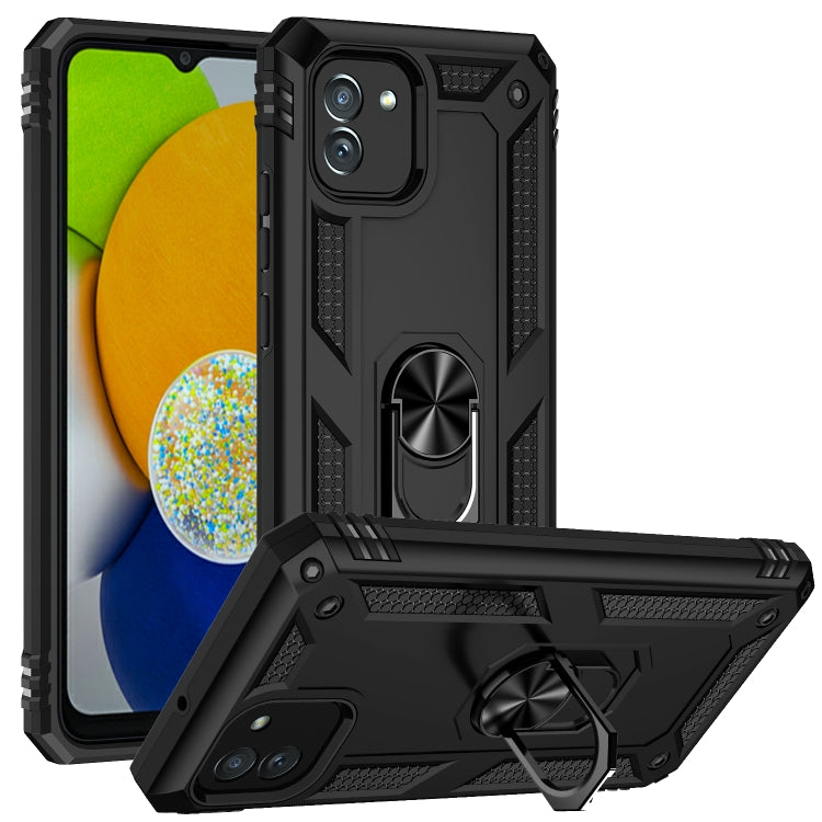 Rugged black phone case with metal ring kickstand and front bezel protection