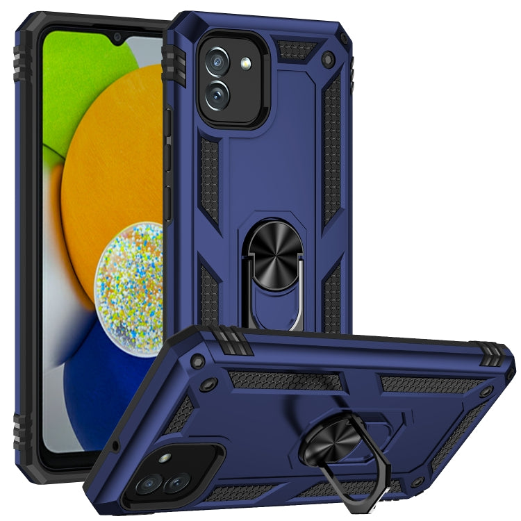 Blue rugged shockproof phone case with ring kickstand and grippy textured edges