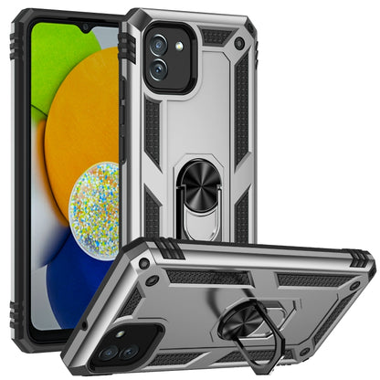 Silver rugged shockproof phone case with raised edges, textured sides, and kickstand ring