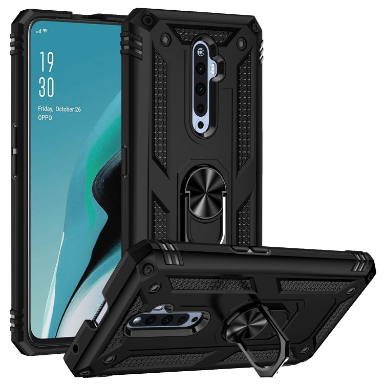 Rugged black phone case with metal ring kickstand and textured shock-absorbing corners