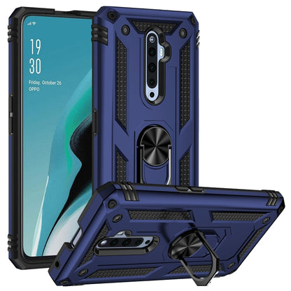 Blue rugged shockproof phone case with ring kickstand and triple camera opening