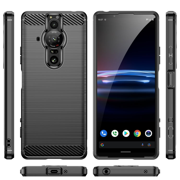 Brushed TPU phone case with carbon-fiber corner accents, shown front back and side