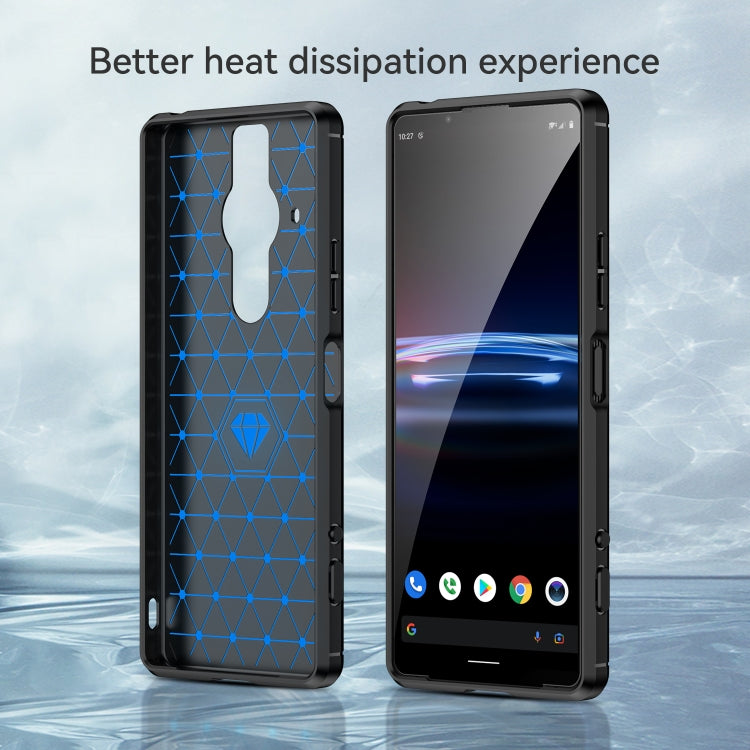 Brushed TPU phone case with carbon-fiber accents, featuring a blue heat-dissipation pattern