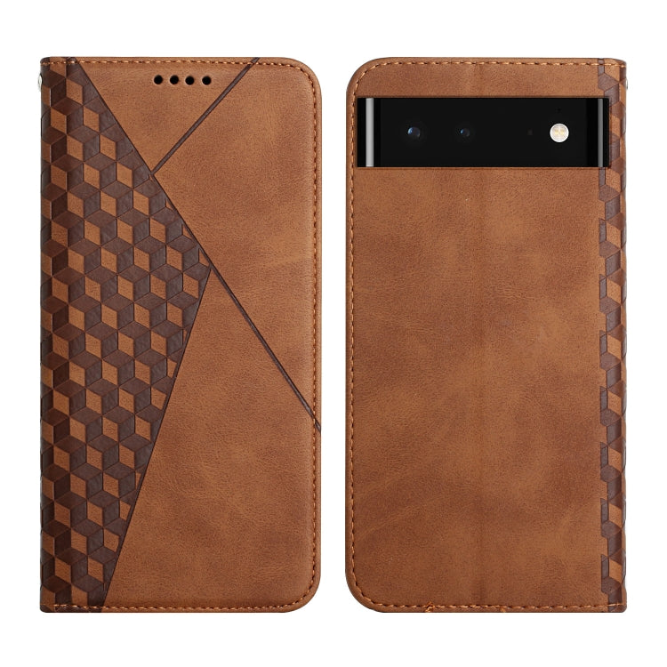 Brown magnetic leather phone case with geometric panel and window cutout, double-sided view