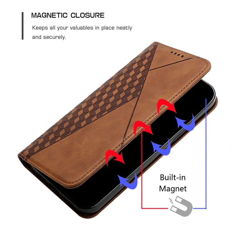 Brown magnetic leather phone case with fold-over flap and built-in magnet closure, open view