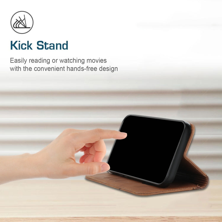 Brown leather magnetic phone case with kick stand for hands-free viewing, front cover open