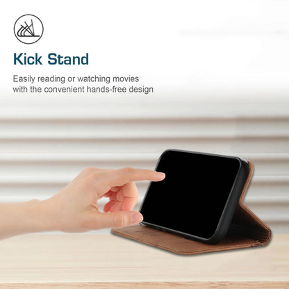 Brown leather magnetic phone case with kick stand for hands-free viewing, front cover open
