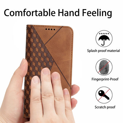 Brown magnetic leather phone case with hand-held grip, textured geometric panel, protective cover