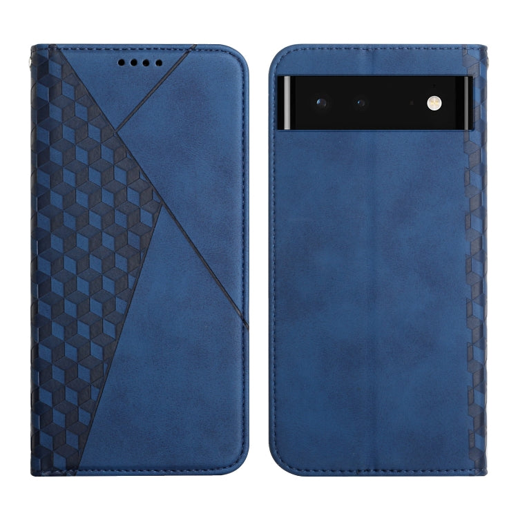 Blue leather magnetic phone case with geometric diagonal panel and cutout speaker holes