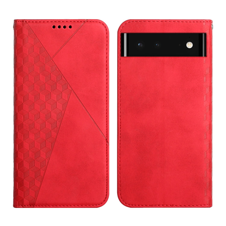 Red leather magnetic phone case with geometric diagonal panel and camera window