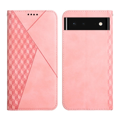 Rose pink leather wallet phone case with geometric pattern, front cutouts and camera bar.