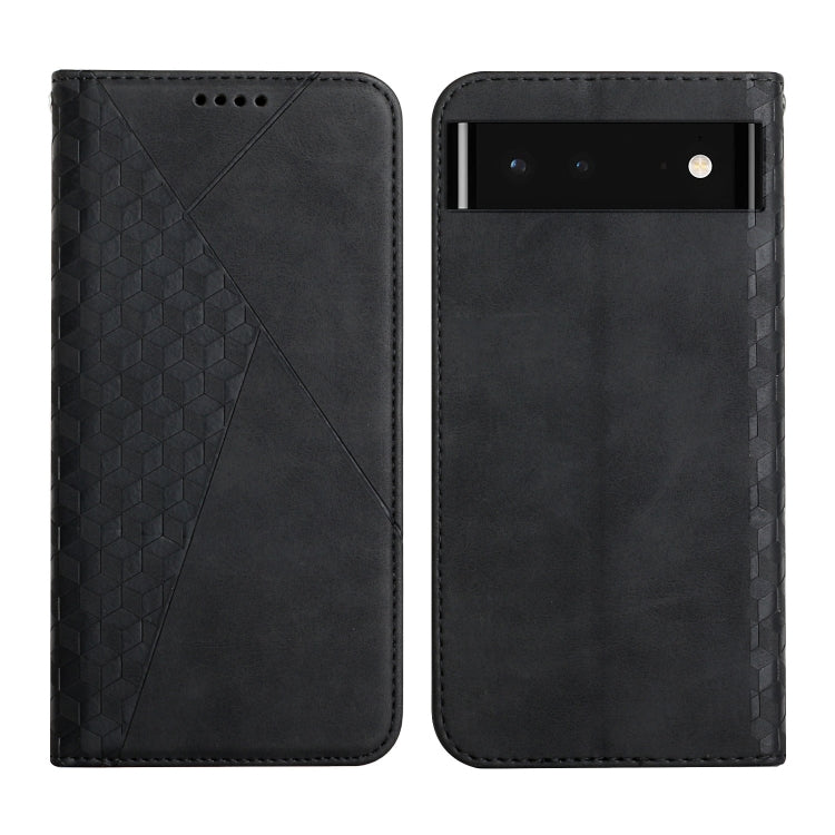 Black magnetic leather phone case with geometric diagonal texture; front and back with camera area.