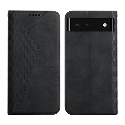 Black magnetic leather phone case with geometric diagonal texture; front and back with camera area.