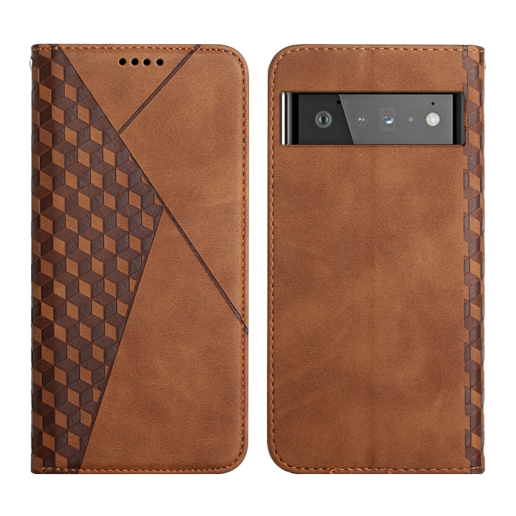 Brown magnetic leather phone case with geometric panel on flap, front and back side view