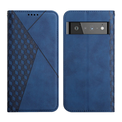 Blue leather magnetic phone case with geometric diagonal panel and camera cutout