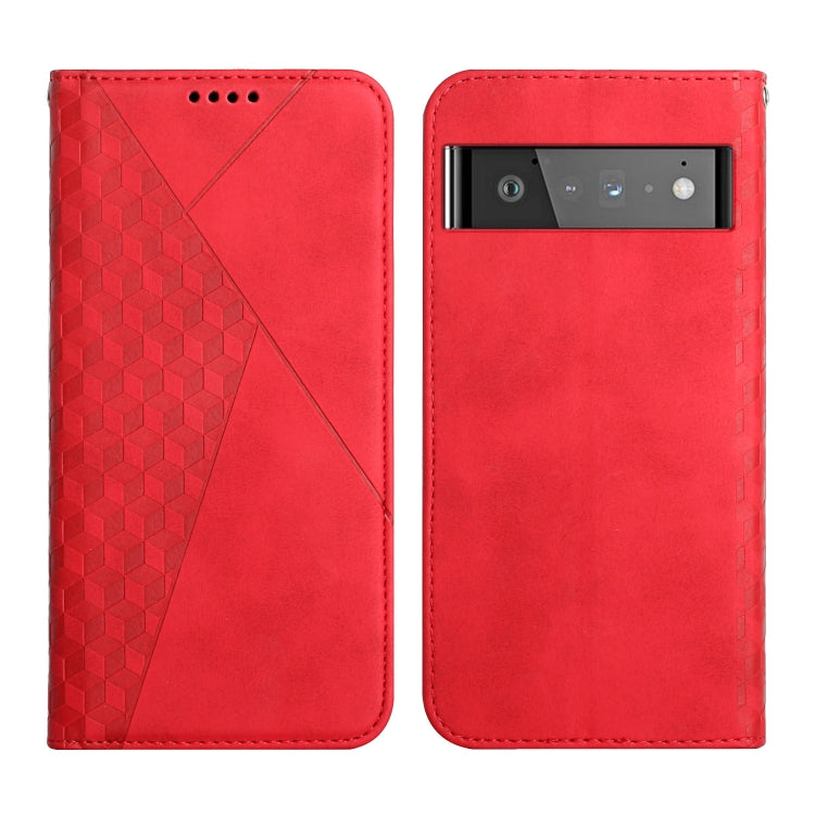 Red leather magnetic phone case with geometric diagonal panel and multi-camera cutout