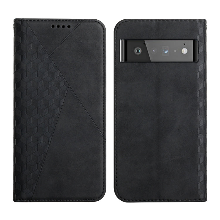 Black magnetic leather phone case with geometric pattern; back shows rectangular screen window cutout.