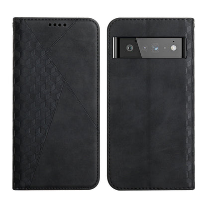 Black magnetic leather phone case with geometric pattern; back shows rectangular screen window cutout.