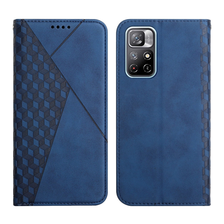 Blue magnetic leather phone case with geometric cube pattern; front and back with camera cutout.