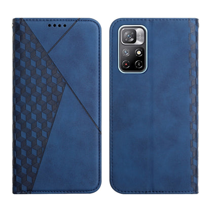 Blue magnetic leather phone case with geometric cube pattern; front and back with camera cutout.