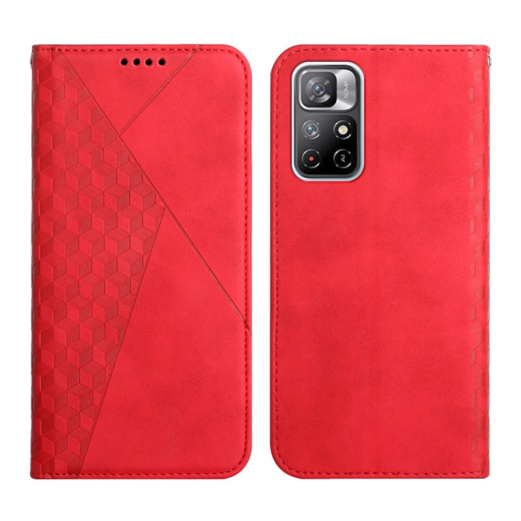 Red leather magnetic phone case with geometric pattern and camera cutout, front and back