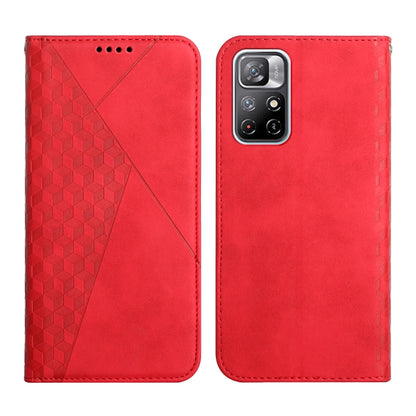 Red leather magnetic phone case with geometric pattern and camera cutout, front and back
