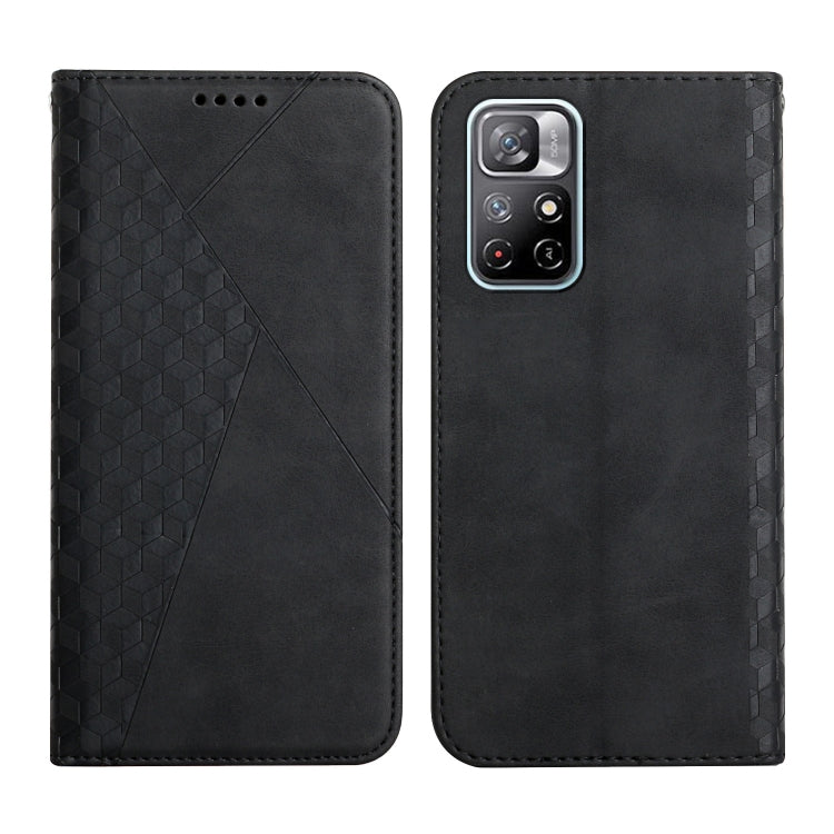 Black leather magnetic phone case with diamond texture and camera cutout, front and back