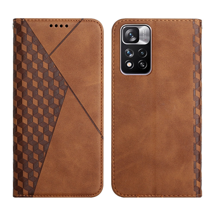 Brown leather phone wallet case with geometric panel, multi-camera opening and cutouts.