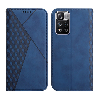 Blue magnetic leather phone case with geometric cube inlay; front and back with multi-lens cutout.
