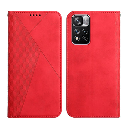 Red leather magnetic phone case with diagonal textured paneling and camera cutout, front and back