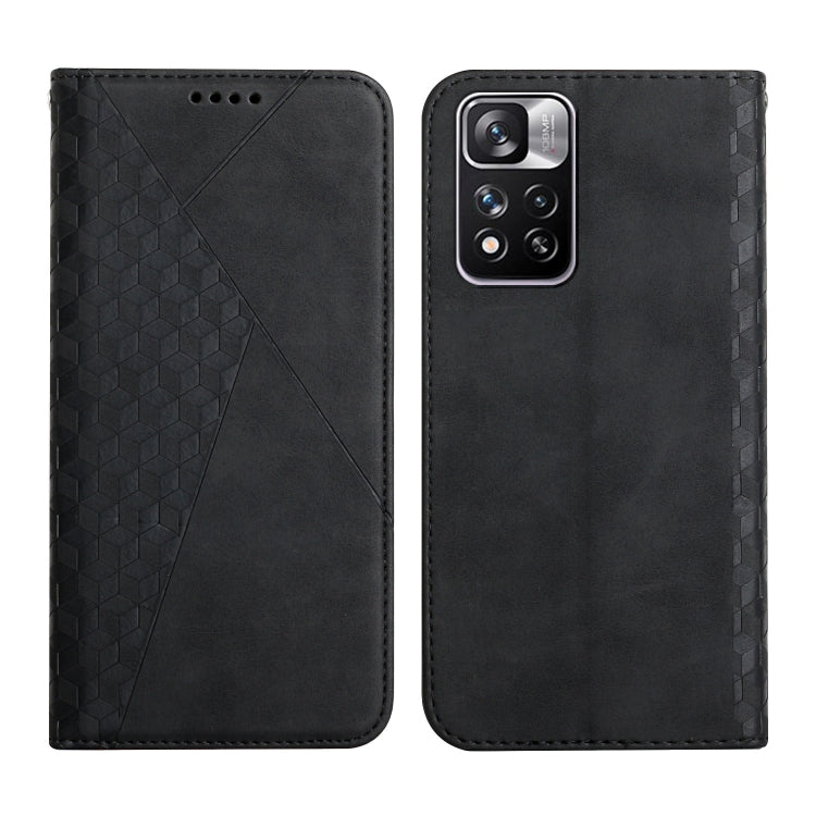 Black leather magnetic phone case with geometric paneling and camera cutout, front and back