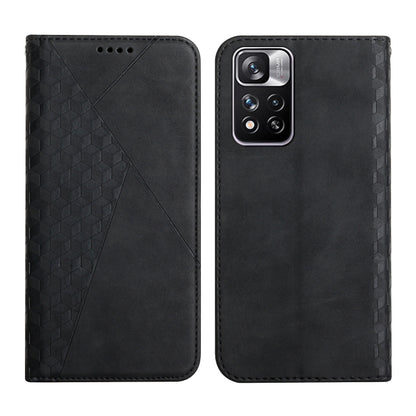 Black leather magnetic phone case with geometric paneling and camera cutout, front and back
