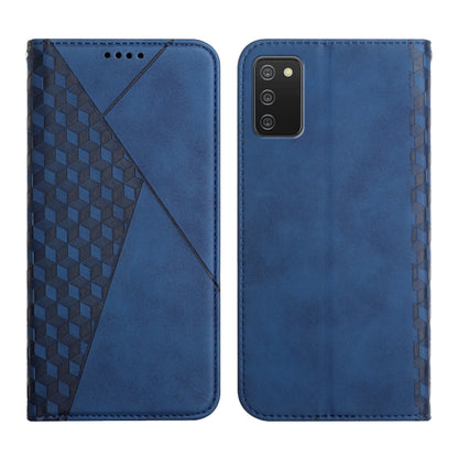 Blue leather magnetic phone case with geometric diagonal panel and camera opening