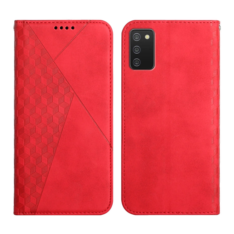 Red leather wallet phone case with geometric panel, button openings and camera cutout.